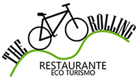 Logotipo The Rolling en letras negras, la ilustración de una bicicleta en color negro y una línea curva en color verde manzana.